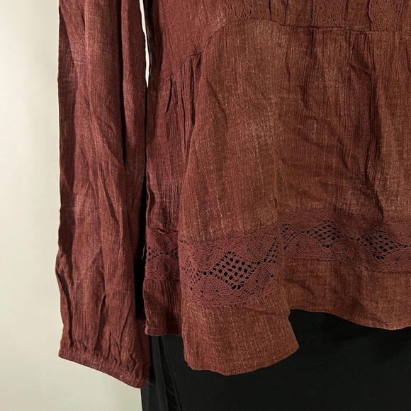 Rewind V-Neck, Lace Juniors Top Blouse Long Sleeve Brown, Small flaws Sz L - Picture 6 of 10